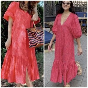 Zara Pink Eyelet Cotton Button Down Puff Sleeve Maxi Dress Size XS